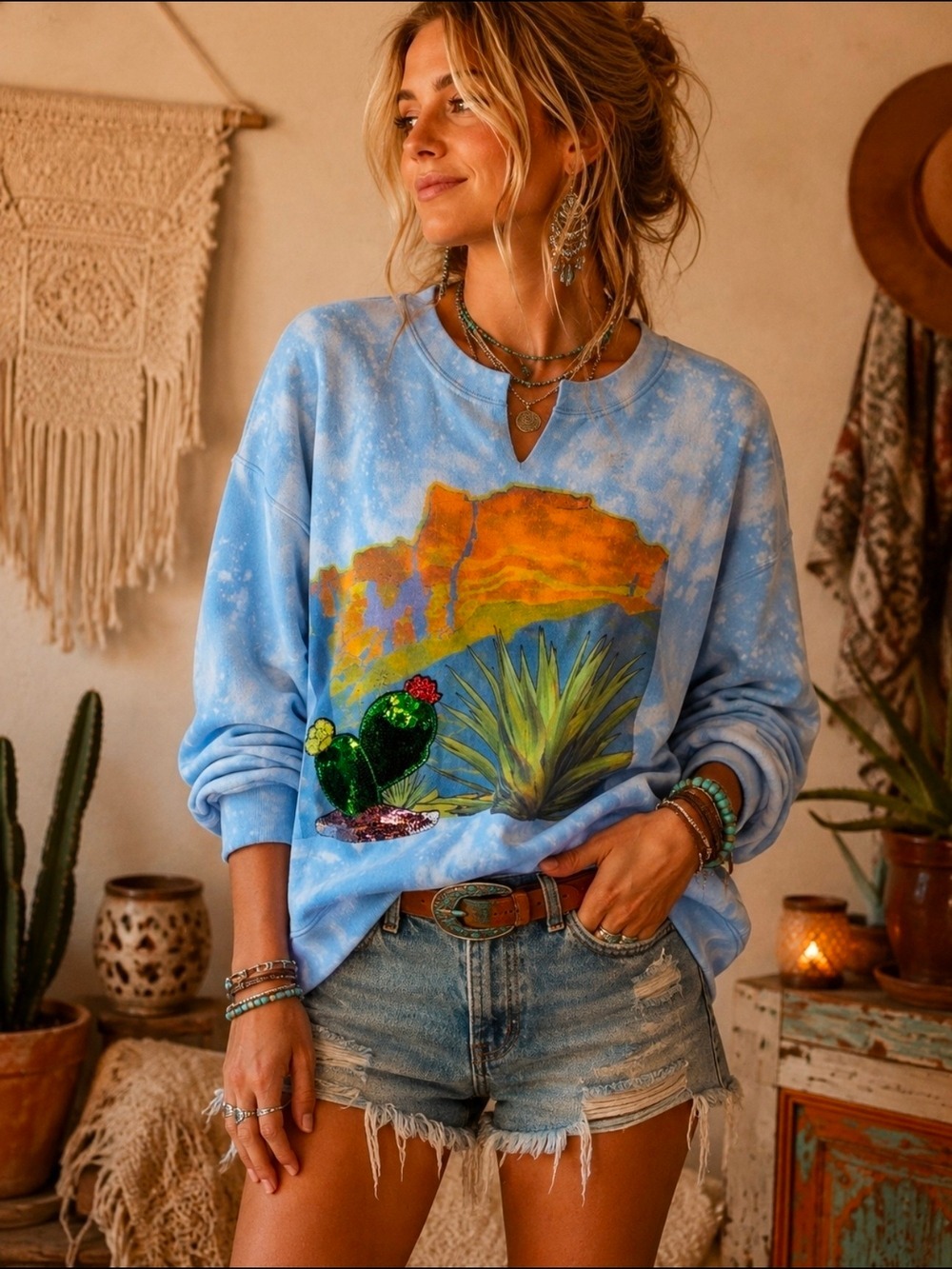 NWT Gina's Desert Cactus Sequin Graphic Bleached Sweatshirt XL Oversized Western